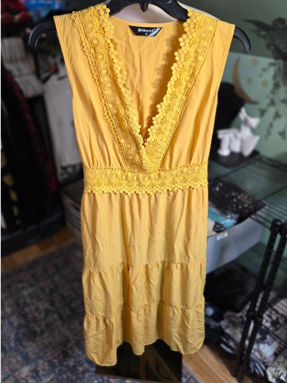 Allegra K Mustard Yellow Lace Trim Tiered Midi Dress Women's XS Boho Sleeveless